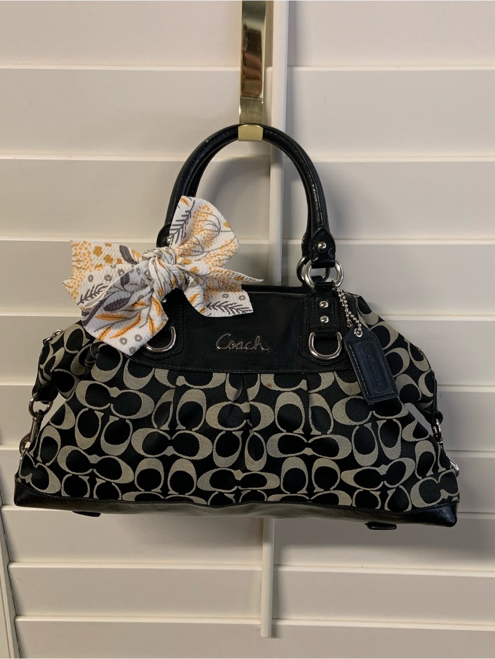 Vintage Coach Black Signature Canvas Purse with Floral Scarf Bow